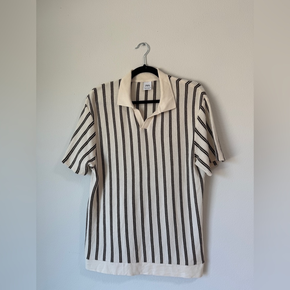 Zara Black and Cream Polo Shirt with Classic Stripes